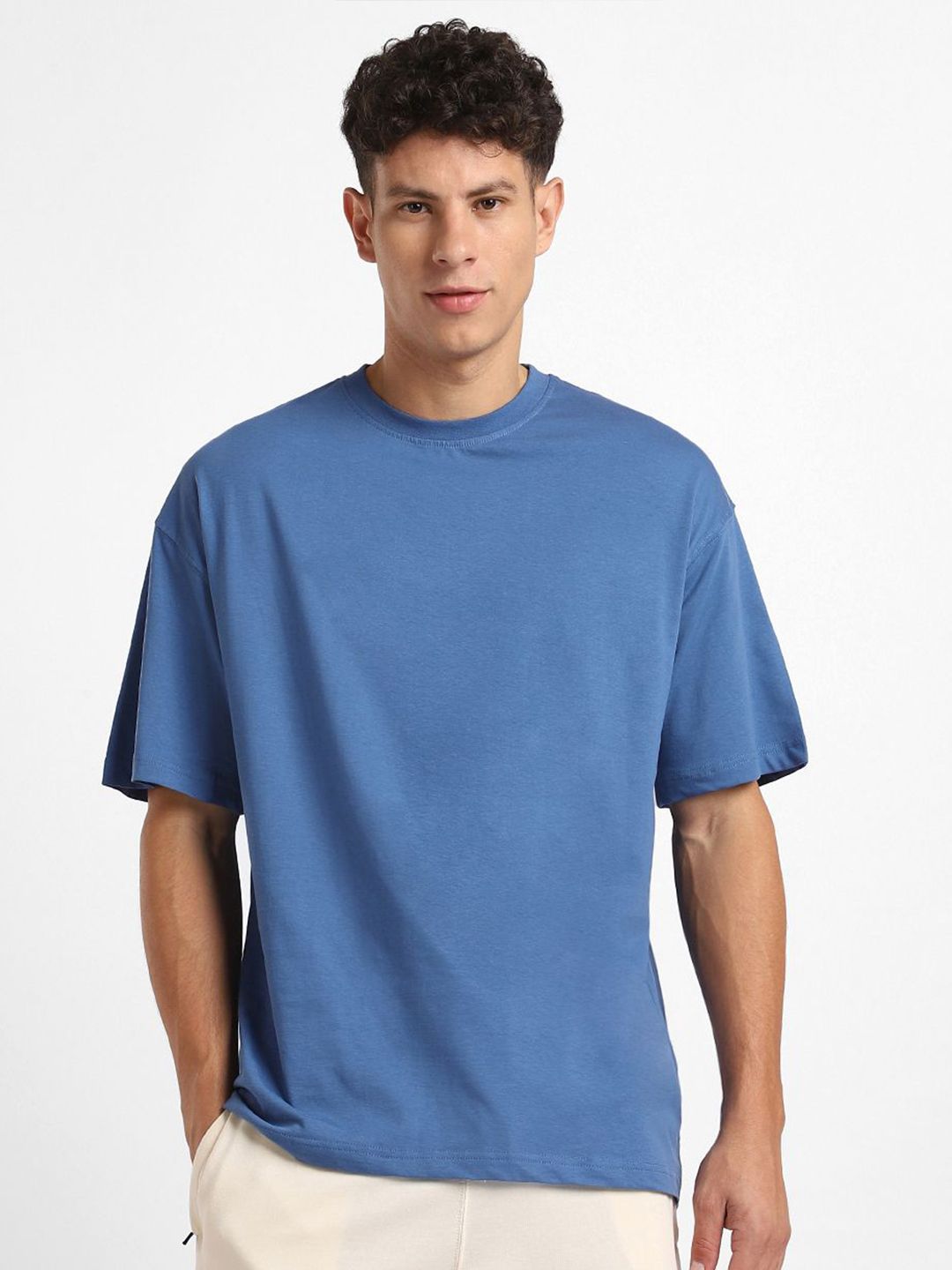 NOBERO Men Oversized Graphic Printed Cotton T-shirt Blue