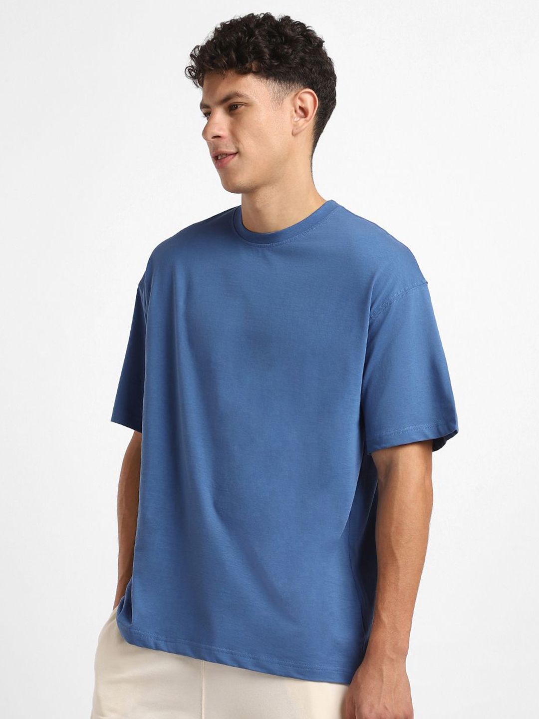 NOBERO Men Oversized Graphic Printed Cotton T-shirt Blue