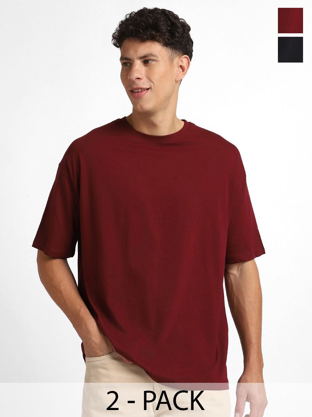 NOBERO Men Pack of 2 Oversized Round Neck Cotton T-shirt