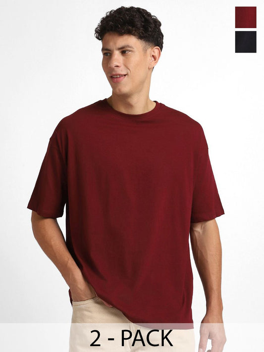 NOBERO Men Pack of 2 Oversized Round Neck Cotton T-shirt