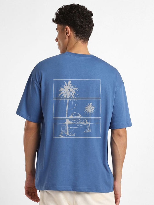 NOBERO Men Oversized Graphic Printed Cotton T-shirt Blue