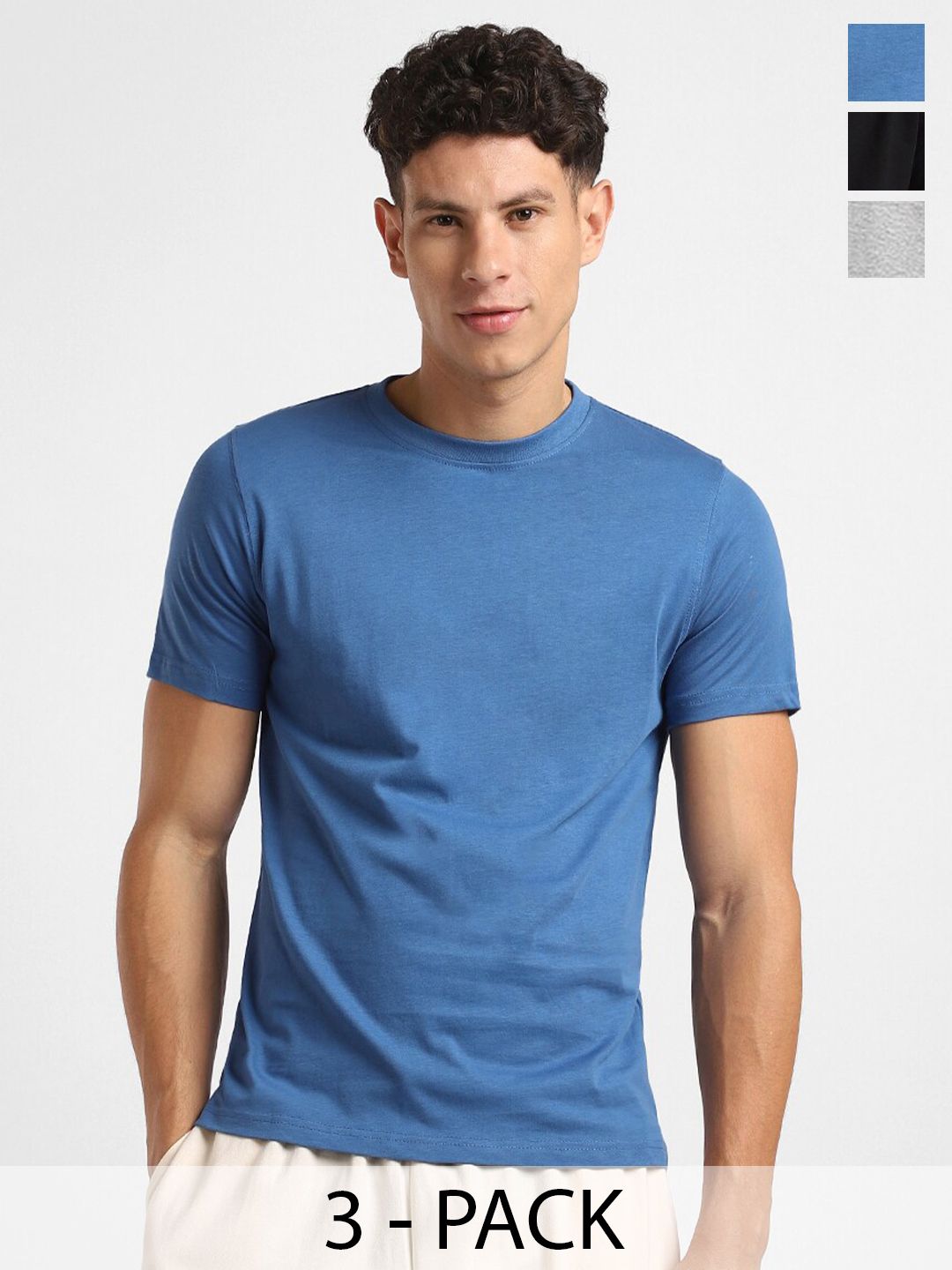 NOBERO Pack of 3 Men Round Neck Solid Cotton T-shirt Blue